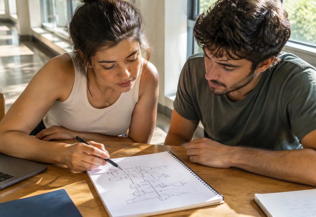 Colegas revendo no tablet as anotações do encontro anterior